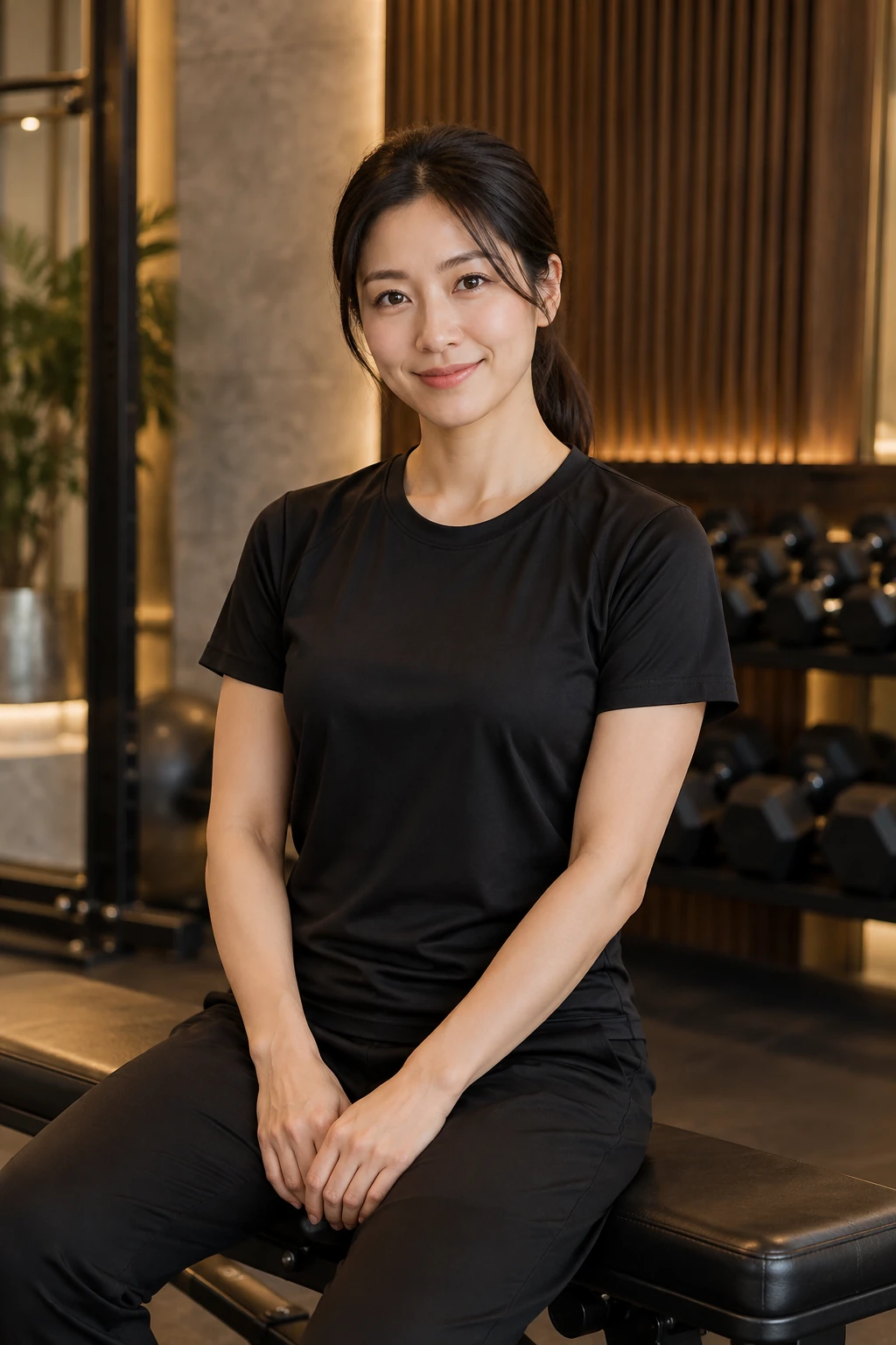 個室ジムのベンチに腰掛け、穏やかに微笑む架空の女性トレーナー朝倉葵。（AI生成イメージ）