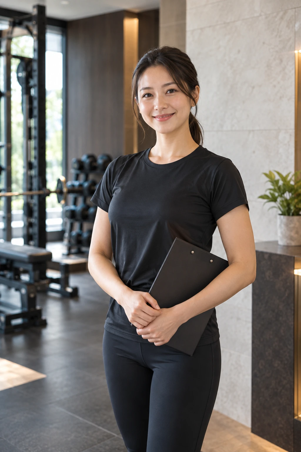 トップと同じ架空の30代女性トレーナーを、別の場所とポーズで撮影した膝上ポートレート。黒髪の低いポニーテール、無地の黒い半袖トップス。（架空のAI生成イメージ）